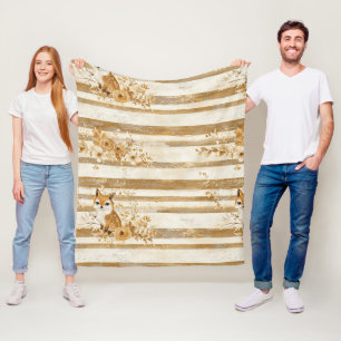 Woodland Owl Stripe with Golden Florals Fleece Blanket