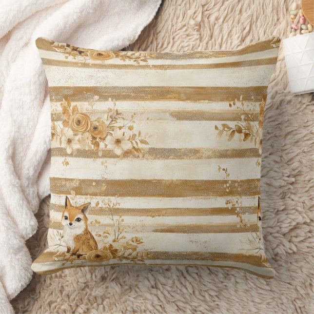 Woodland Owl Stripe with Golden Florals Throw Pillow (Blanket)