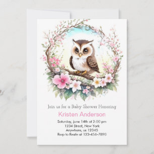 Woodland Owl's Pink Floral Girl Baby Shower Invitation