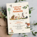 Woodland Party Animals Birthday Party Invitation<br><div class="desc">Party animal birthday theme featuring illustrations of woodland animals including owl,  hedgehog,  squirrel,  rabbit,  skunk,  fox,  and bird wearing party hats.  Cake decorated with berries at centre.  Personalize the number on the cake.  Also features insect,  green balloon and mushroom illustrations.</div>