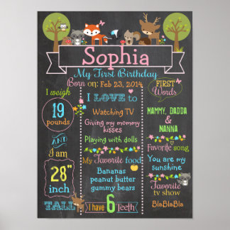 Woodland Party first birthday girl sign poster