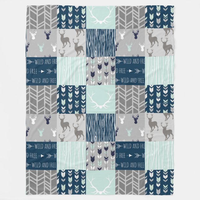 Woodland Patchwork Deer. - Mint/Navy/grey Fleece Blanket (Front)