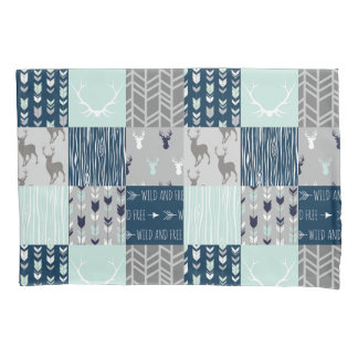 Woodland Patchwork in mint,navy, and grey Pillowcase