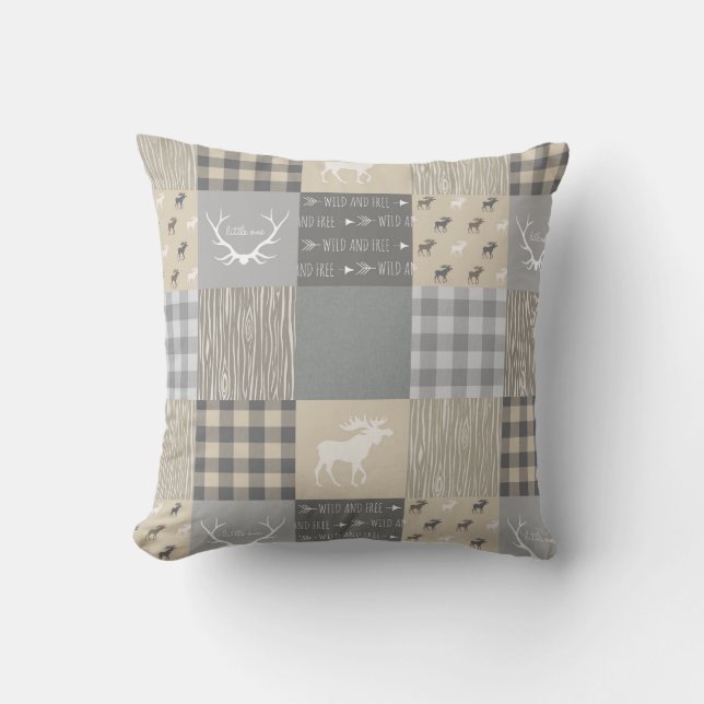 Woodland Patchwork Moose - Grey/Tan Throw Pillow (Front)