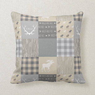 Woodland Patchwork Moose - Grey/Tan Throw Pillow