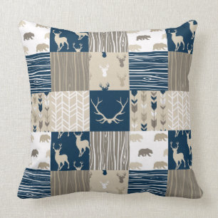 Woodland Patchwork Pillow - Navy and Tan