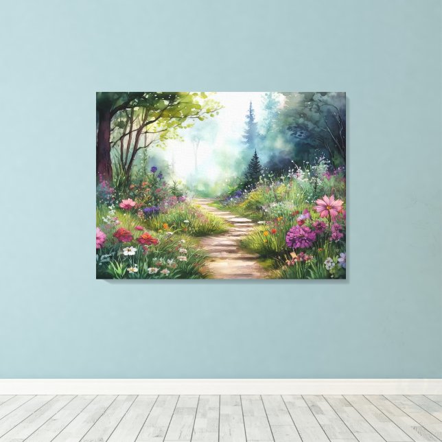 Woodland Path and Wild Flowers Canvas Print (Insitu(Wood Floor))