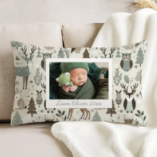 Woodland Pattern Green Brown Custom Photo Nursery Accent Pillow
