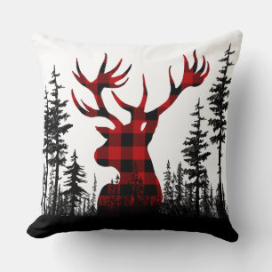 Woodland Pine Forest Buffalo Plaid Stag Head Throw Pillow