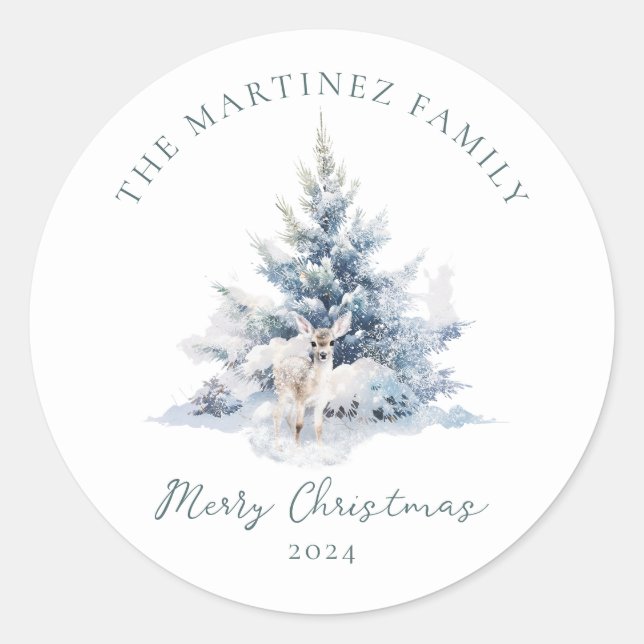 Woodland Pine Forest Deer Merry Christmas Classic Round Sticker (Front)