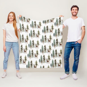 Woodland Pine Forest Reindeer Stag & Doe Fleece Blanket