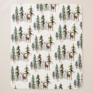 Woodland Pine Forest Reindeer Stag & Doe Sherpa Blanket
