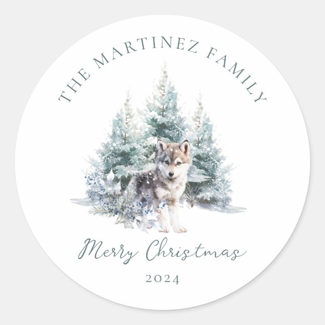 Woodland Pine Forest Wolf Merry Christmas Classic Round Sticker (Front)