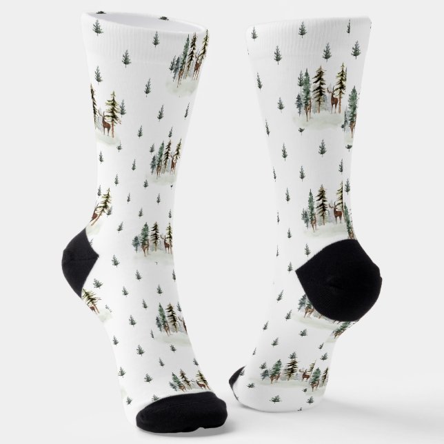 Woodland Pine Tree Forest Reindeer Socks (Angled)