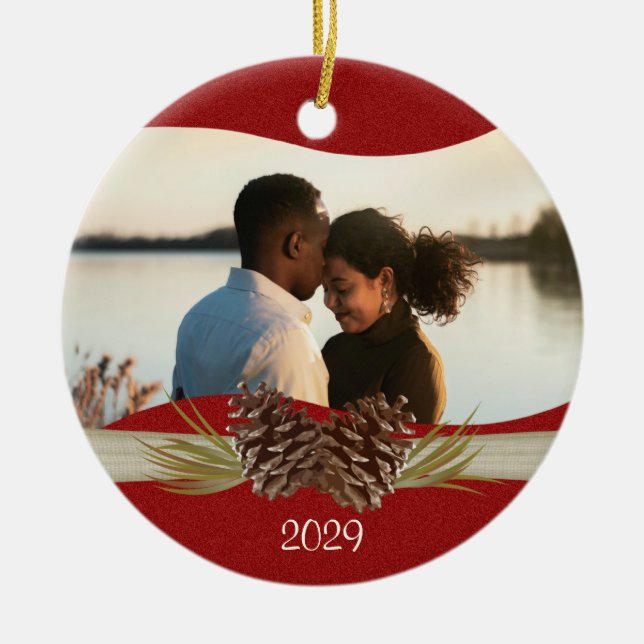 Woodland Pinecones Red Photo Ceramic Ornament (Front)