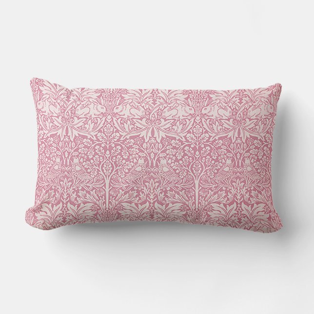 Woodland Pink Bird Rabbit William Morris Pattern  Lumbar Pillow (Front)