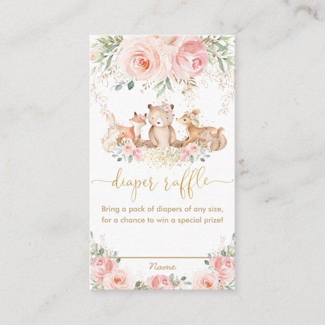 Woodland Pink Floral Baby Shower Diaper Raffle   Enclosure Card (Front)