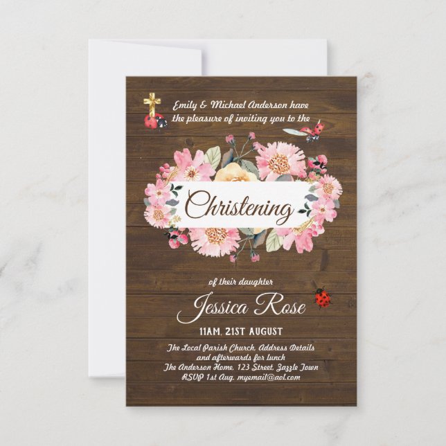 Woodland Pink Floral Christening Invite Baptism  (Front)