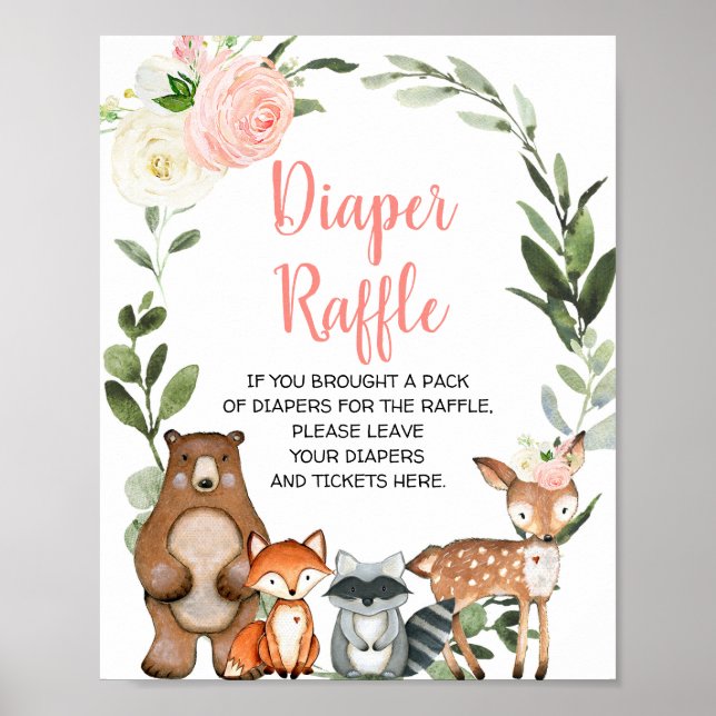 Woodland pink floral Diaper Raffle baby shower Poster (Front)