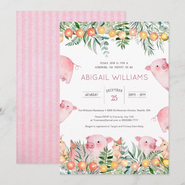 Woodland Pink Pig & Rabbit Baby Shower Invitation (Front/Back)