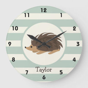 Woodland Porcupine, Hedgehog; Light Sage Green Large Clock