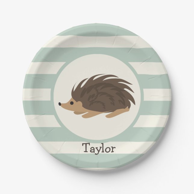 Woodland Porcupine, Hedgehog; Light Sage Green Paper Plate (Front)