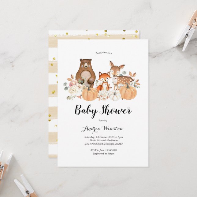 Woodland Pumpkin Baby Shower Invitation (Front/Back In Situ)