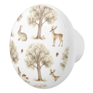 Woodland rabbit and deer pattern ceramic knob