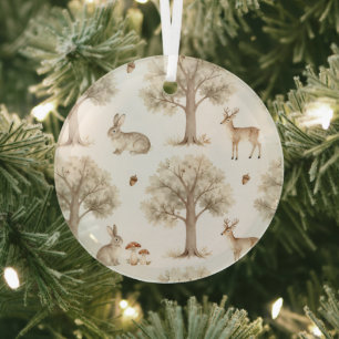 Woodland rabbit and deer pattern glass ornament