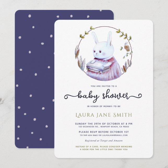 Woodland Rabbit Navy Green Books Girl Baby Shower Invitation (Front/Back)