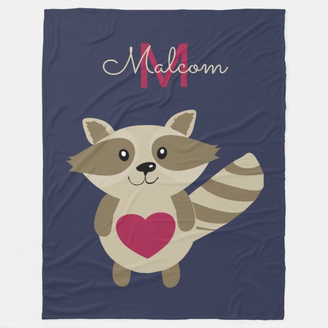 Woodland Raccoon Adorable Monogrammed Personalized Fleece Blanket (Front)