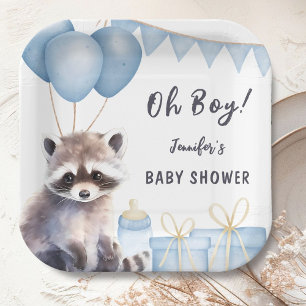 Woodland Raccoon Baby Shower Cute Boy Paper Plate