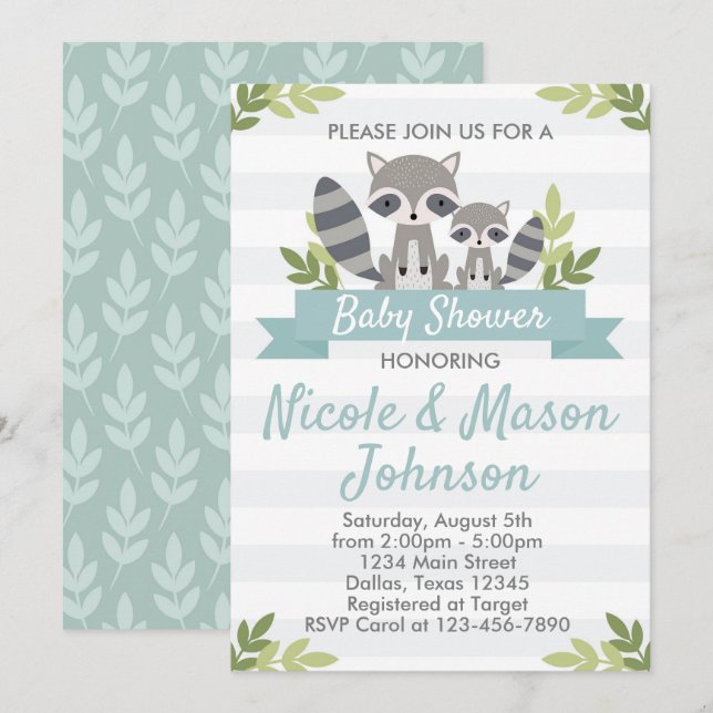 Woodland Raccoon Baby Shower Invitation Invite (Front/Back)