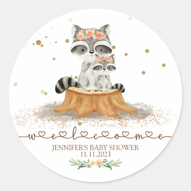 Woodland Raccoon Baby Shower Welcome Classic Round Sticker (Front)