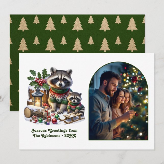 Woodland Raccoon Family Rustic Forest Christmas Holiday Card (Front/Back)