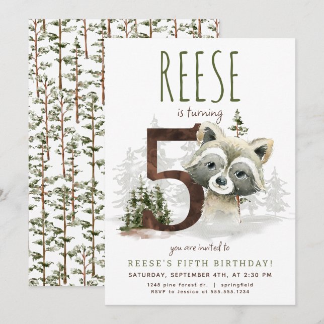 Woodland Raccoon Fifth Birthday Invitation (Front/Back)