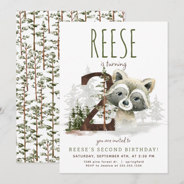 Woodland Raccoon Invitation du deuxième anniversai (Devant / Derrière)