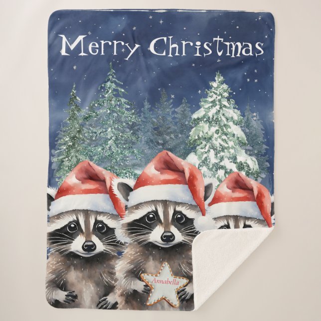 Woodland Raccoon Merry Christmas Personalized Sherpa Blanket (Front)