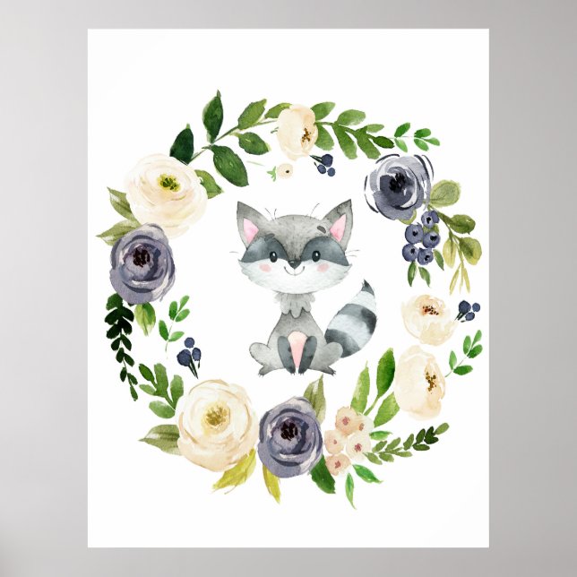 Woodland raccoon navy floral nursery print (Front)