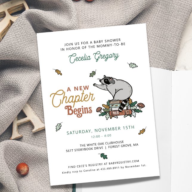 Woodland Raccoon New Chapter Begins Baby Shower Invitation (Creator Uploaded)