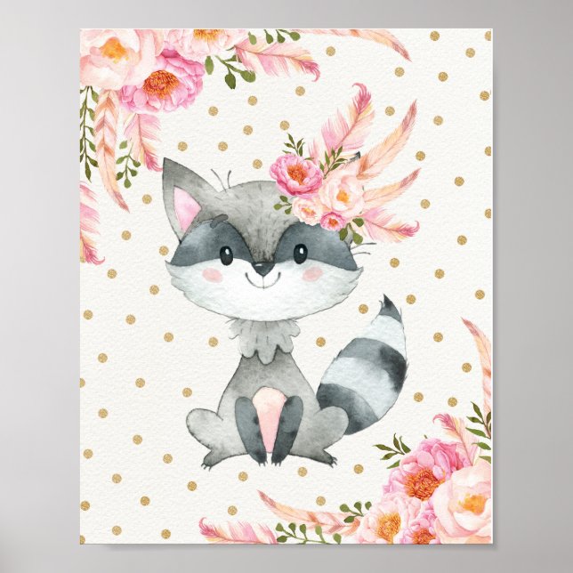 Woodland Raccoon Nursery Art Boho Floral Decor (Front)