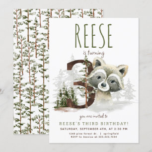Woodland Raccoon Third Birthday Invitation