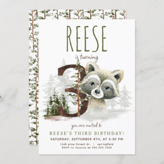 Woodland Raccoon Third Birthday Invitation
