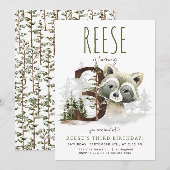 Woodland Raccoon troisième invitation anniversaire (Devant / Derrière)