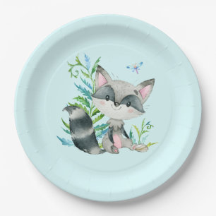 Woodland Raccoon Whimsical Aqua Paper Plate
