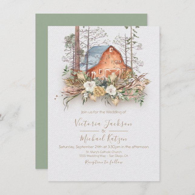 Woodland Red Barn Forest Wedding invitations (Front/Back)