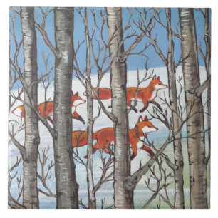 Woodland Red Fox Forest Scene Spring Snow Blue Sky Tile
