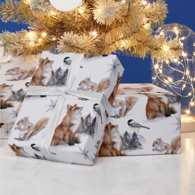 Woodland red fox squirrel bird snowflake winter wrapping paper (Holidays)