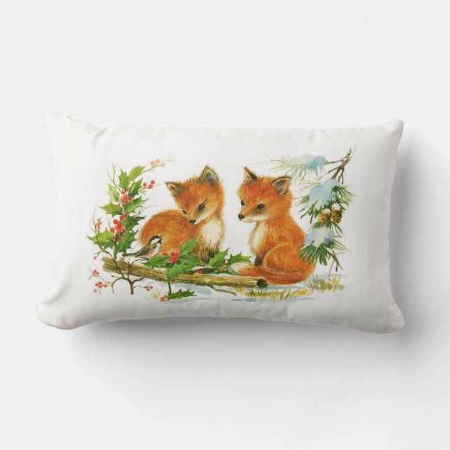 Woodland Red Foxes and Bird Christmas Snow Scene Lumbar Pillow (Front)