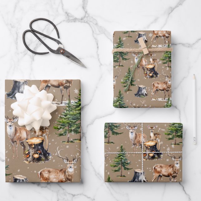 Woodland Reindeer Family Foraging Thru The Forest Wrapping Paper Sheet (Front)